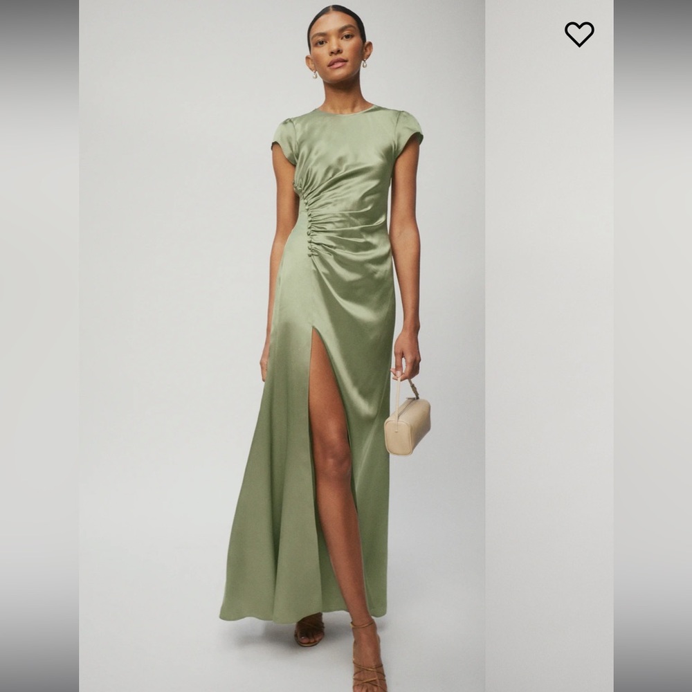 Reformation Birch Silk Dress in Artichoke green